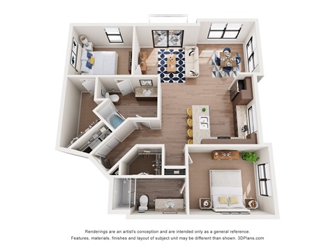 A 3D floor plan of a house with a kitchen, living room, and two bedrooms.